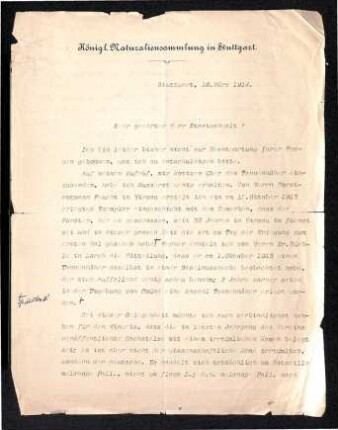 Brief von Lampert (Königliche Naturaliensammlung Stuttgart)