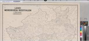 Land Nordrhein-Westfalen.-Gemeindekarte -. Stand 1. Juli 1949. III. Auflage. Mit politischer Übersicht und statistischen Bezirken. Ministerpräsident des Landes Nordrhein-Westfalen- Landesplanungsbehörde-Düsseldorf, Haus der Landesregierung / Wilgrödruck: Willy Größchen, Dortmund- Stand 1. Aug. 1948. II. Auflage. Druck: Willy Größchen, Dortmund