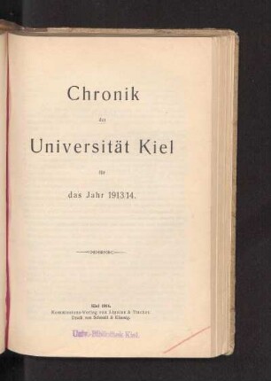 1913/14: Chronik der Universität Kiel für das Jahr 1913/14
