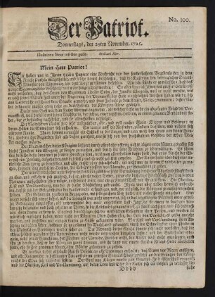 No. 100. Donnerstags, den 29ten November, 1725