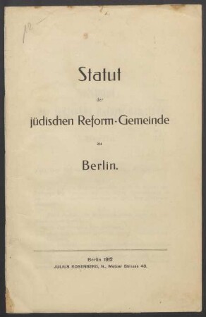 Statut der jüdischen Reformgemeinde zu Berlin