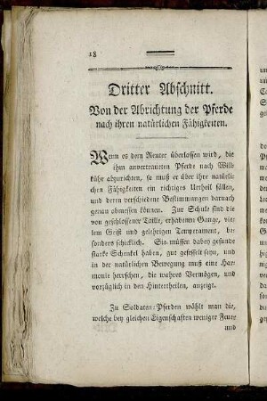 Dritter Abschnitt. Von der Abrichtung der Pferde nach ihren natürlichen Fähigkeiten.