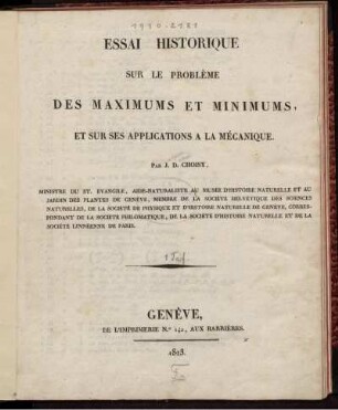 Essai historique sur le problème des maximums et minimums, et sur les applications à la mécanique