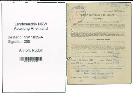 Entnazifizierung Rudolf Althoff , geb. 23.01.1920 (Bahnpolizist)