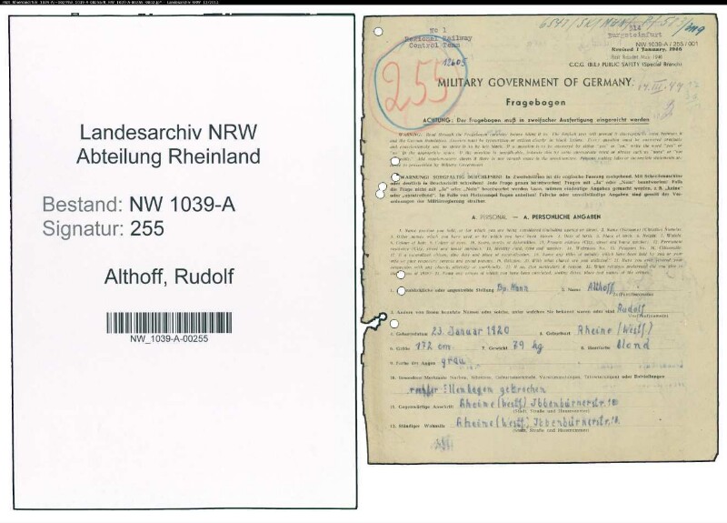 Entnazifizierung Rudolf Althoff , geb. 23.01.1920 (Bahnpolizist)