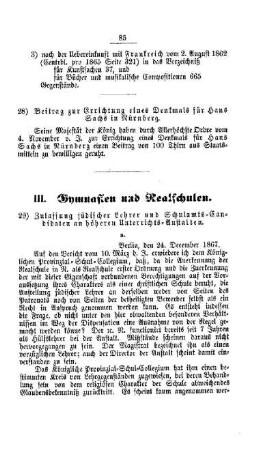 Zulassung jüdischer Lehrer und Schulamts-Candidaten an höheren Unterrichts-Anstalten : [III. Gymnasien und Realschulen]