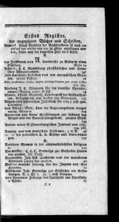 Erstes Register der angezeigten Bücher und Schriften