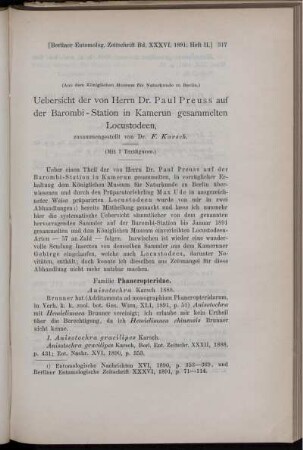 Uebersicht der von Herrn Dr. Paul Preuss auf der Barombi - Station in Kamerun gesammelten Locustodeen