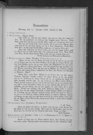 Trauerfeier Montag, den 21. Januar 1929, abends 8 Uhr