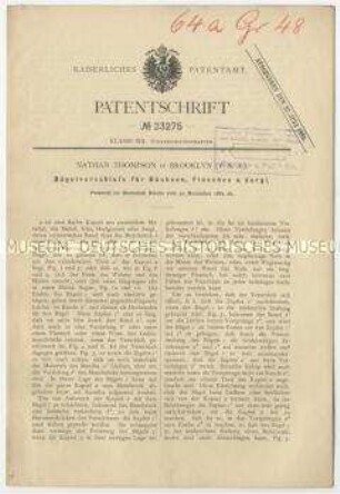 Patentschrift eines Bügelverschlusses für Büchsen, Flaschen u. dgl., Patent-Nr. 23275