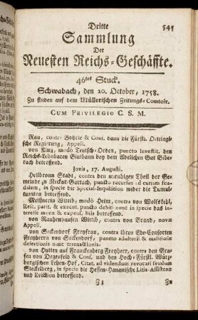 46tes Stuck. Schwabach, den 20 October, 1758.
