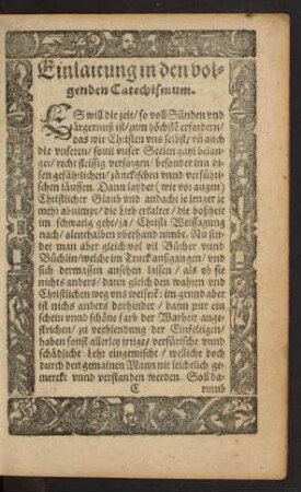 Einlaitung in den volgenden Catechismum.