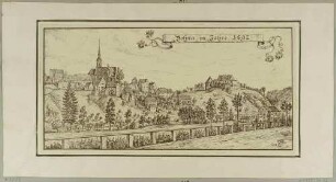 Stadtansicht von Dohna mit Kirche und Burgneubauten im Zustand von 1892, aus Bergblumen, illustrierte Heimatkundeblätter des Gebirgsvereins Sächsische Schweiz