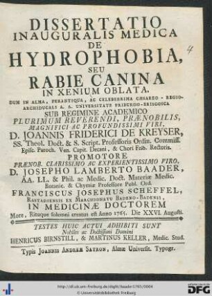 Dissertatio Inauguralis Medica De Hydrophobia, Seu Rabie Canina In Xenium Oblata