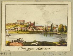 Stadtansicht von Pirna mit dem Sonnenstein und der Marienkirche von Nordosten über die Elbe
