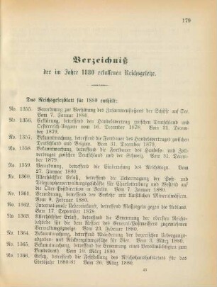 Verzeichniß der im Jahre 1880 erlassenen Reichsgesetze