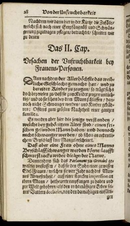 Das II. Cap. Ursachen der Unfruchtbarkeit bey Frauens-Personen