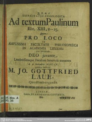 Exercitatio Philologica Ad textum Paulinum Ebr. XIII, 8 - 15