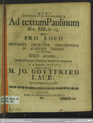Exercitatio Philologica Ad textum Paulinum Ebr. XIII, 8 - 15