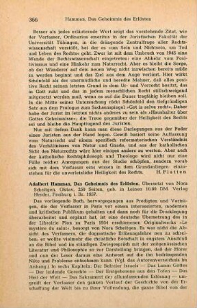 366-367 [Rezension] Hamman, Adalbert, Das Geheimnis der Erlösten