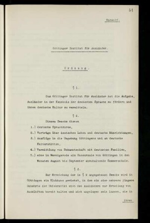 Göttinger Institut für Ausländer. Ordnung. Entwurf