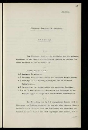 Göttinger Institut für Ausländer. Ordnung. Entwurf