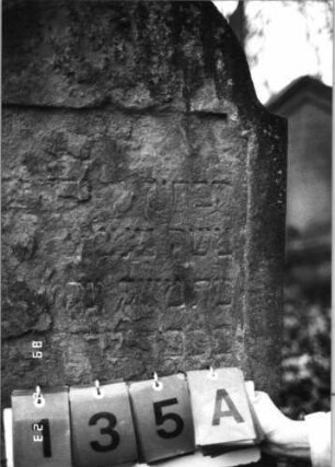 Grabstein 135 (Index: 99751942) Material: Sandstein Zustand: stark verwitt/abgeblätt. m. groß. Textverl. Maße HxBxT: 109x51x11 cm Beschreibung: Stele, eingezog. Rundbogenabschl. , Schriftfeld eingetieft: Grabstein 135A