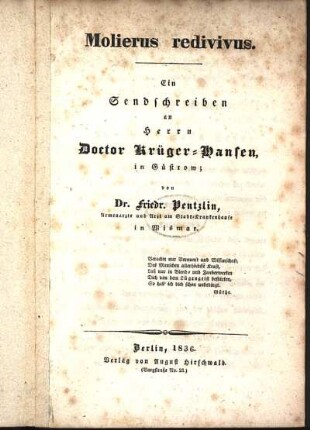 Molierus redivivus : Ein Sendschreiben an Herrn Doctor Krüger-Hansen in Güstrow