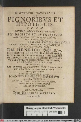 Disputatio Inauguralis De Pignoribus Et Hypothecis