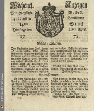 14tes Stueck, Dienstags den 21ten April 1772