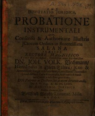 Disputatio Juridica, De Probatione Instrumentali