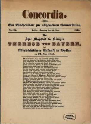 Concordia : Passauer Wochenblatt. 1845 = Jg. 2, Nr. 25