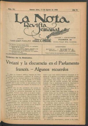 Crónica de la semana : Viviani y la elocuencia en el parlamento francés. -- Algunos recuerdos