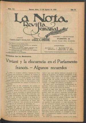 Crónica de la semana : Viviani y la elocuencia en el parlamento francés. -- Algunos recuerdos
