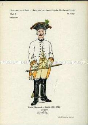 Uniformdarstellung, Korporal des Reiter-Regiments "von Sckölln", Kurfürstentum Hannover, 1756/1760.