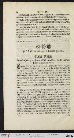Vorschrifft für das Studium Theologicum