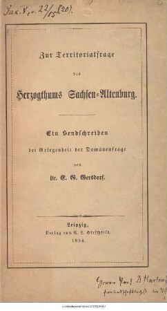 Zur Territorialgeschichte des Herzogthums Sachsen-Altenburg : ein Sendschreiben bei Gelegenheit der Domänenfrage