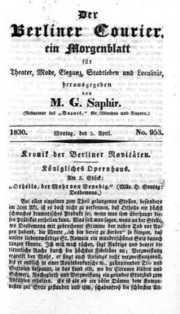 No. 953, Montag, den 5. April 1830