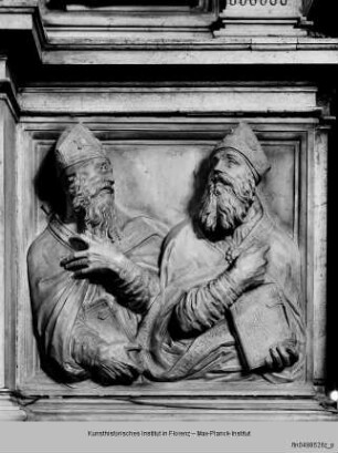 Hochaltar mit seitlichen Schranken : Altarretabel (Chorseite) : Kirchenväter Augustinus und Ambrosius