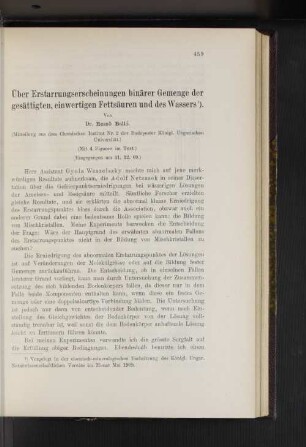 Über Ertarrungserscheinungen binärer Gemenge der gesättigten, einwertigen Fettsäuren und des Wassers.