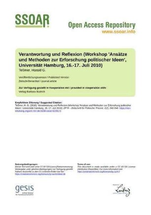 Verantwortung und Reflexion (Workshop 'Ansätze und Methoden zur Erforschung politischer Ideen', Universität Hamburg, 16.-17. Juli 2010)