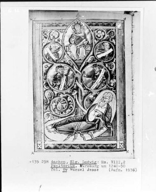 Psalter mit Cantica und Officium parvum — Bilderzyklus mit Szenen aus der Jugendgeschichte Christi, und Propheten, Folio 7recto-10verso — Wurzel Jesse mit thronender Muttergottes und Propheten, Folio 7verso