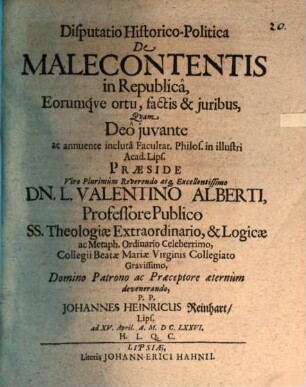 Disp. hist. pol. de malecontentis in republica, eorumque ortu, factis et iuribus