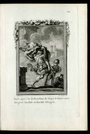 Enée aprés la destruction de Troye se sauve avec son pere Anchise et son fils Ascagne.