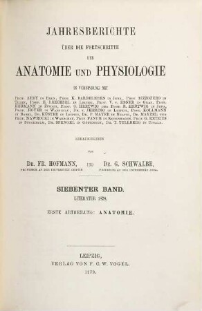 Jahresbericht über die Fortschritte der Anatomie und Physiologie. 7,1 = Abt. 1. 1878 (1879)