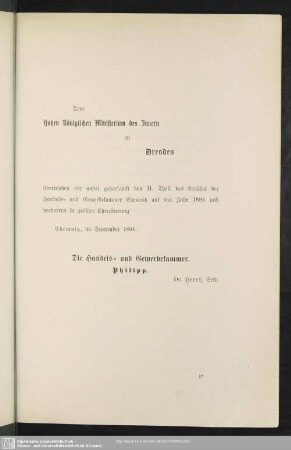 Dem Hohen Königlichen Ministerium des Innern zu Dresden