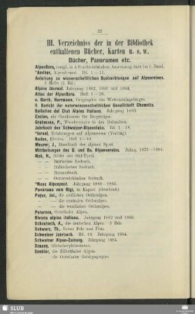 III. Verzeichniss der in der Bibliothek enthaltenen Bücher, Karten u.s.w.