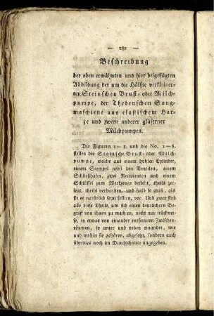 Beschreibung der oben erwähnten und hier beigefügten Abbildung der um die Hälfte verkleinerten Steinschen Brust- oder Milchpumpe ...