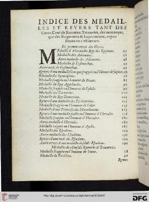 Indice des medailles et revers tant des Grecs, Consuls Romains, Trimvirs […]