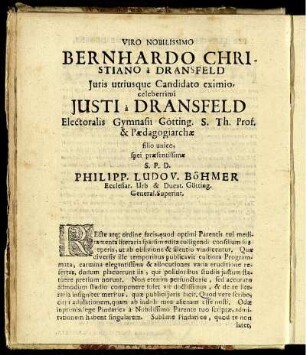 Viro Nobilissimo Bernhardo Christiano & Dransfeld ...